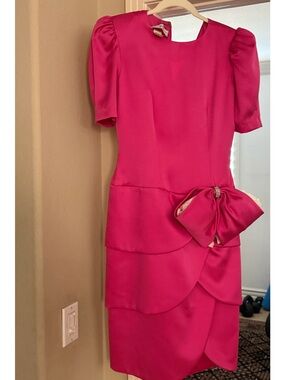 Saks Fifth Avenue Hot Pink Puff-Sleeve Bow Midi Dress